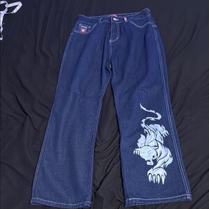 JNCO Men's Dark Blue Jeans with White Tiger Design